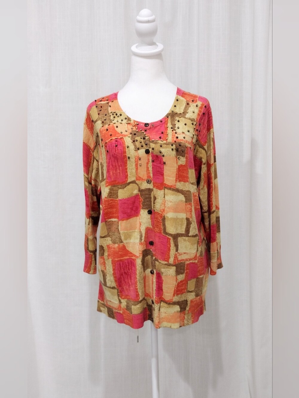 Chico's Sz 2 Women’s Abstract Patchwork Button-Front Top in Coral and Tan